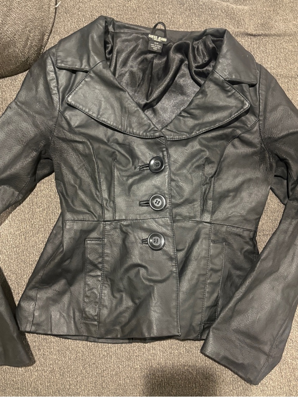Guess Black real Leather Jacket feminine peplum